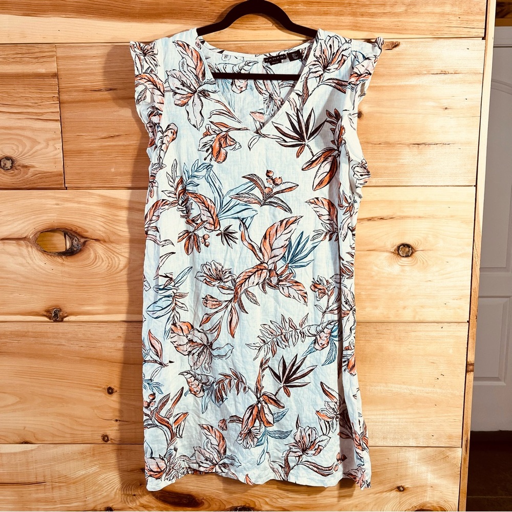 Tahari Linen Sheath Dress with Tropical Leaf Print Flutter Sleeves Beachy Summer